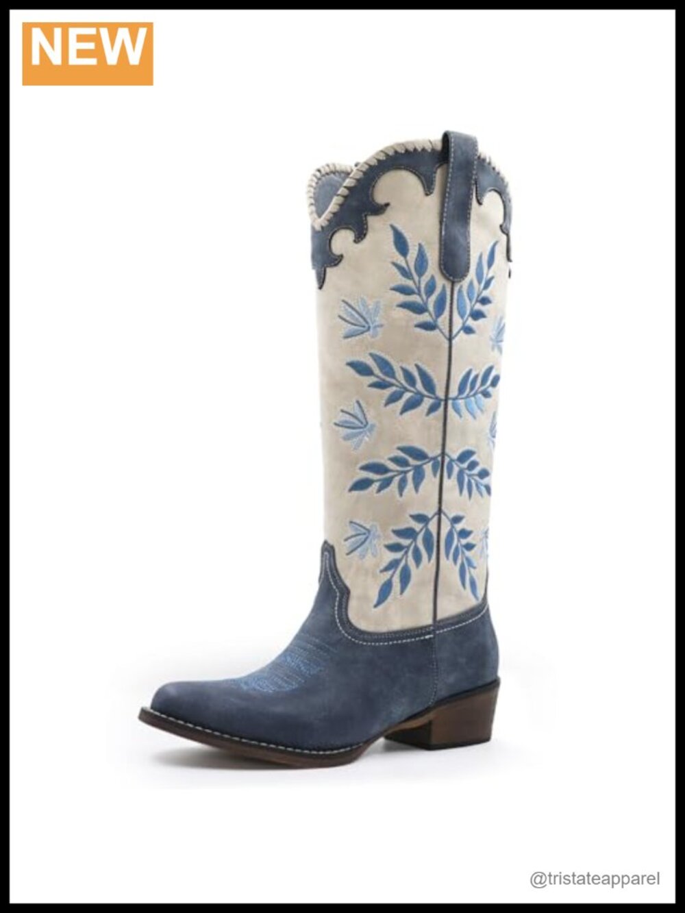Leaf Embroidered Knee High Cowboy Boots Chunky Heel Pull On Women